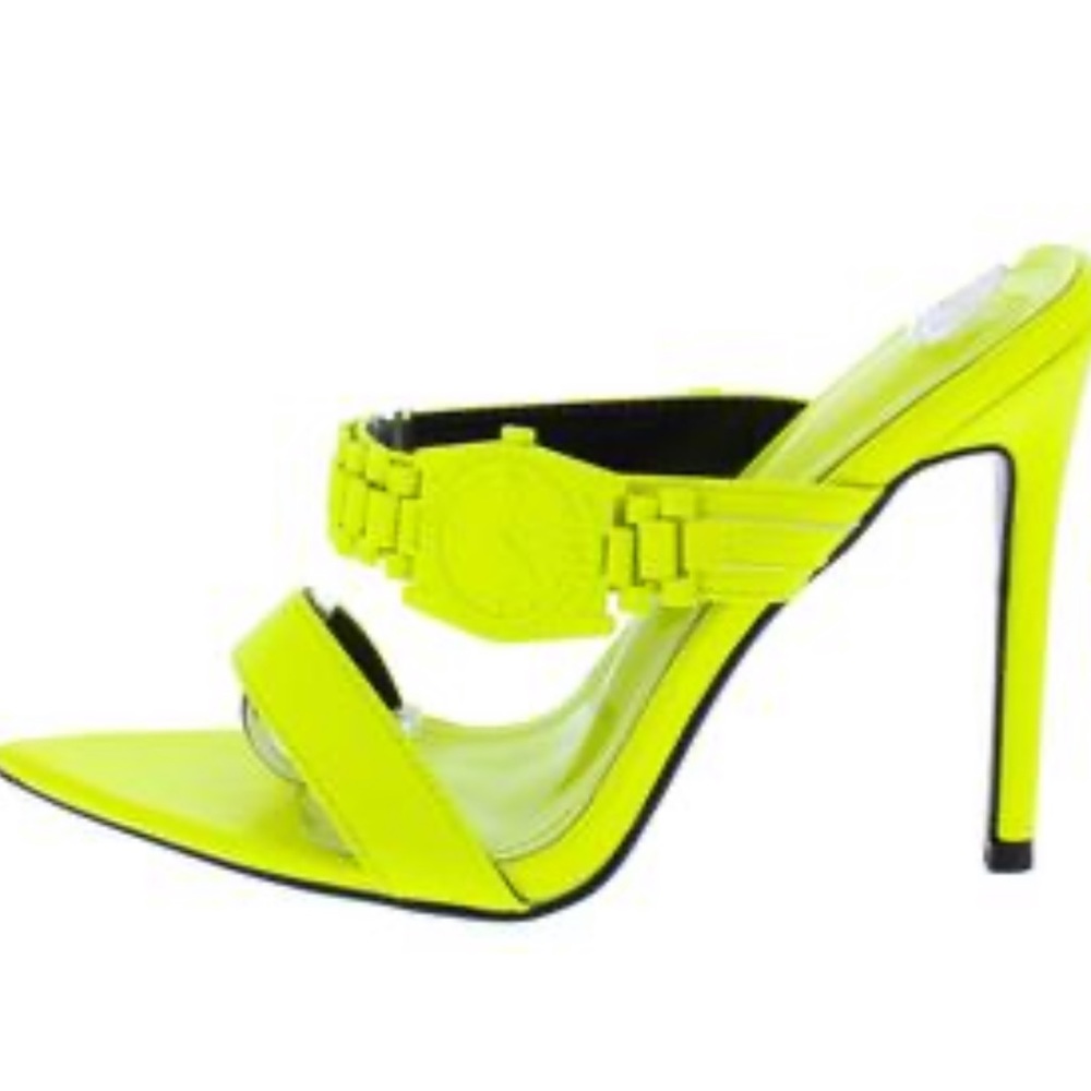 Neon green watch strap pointed open toe heels